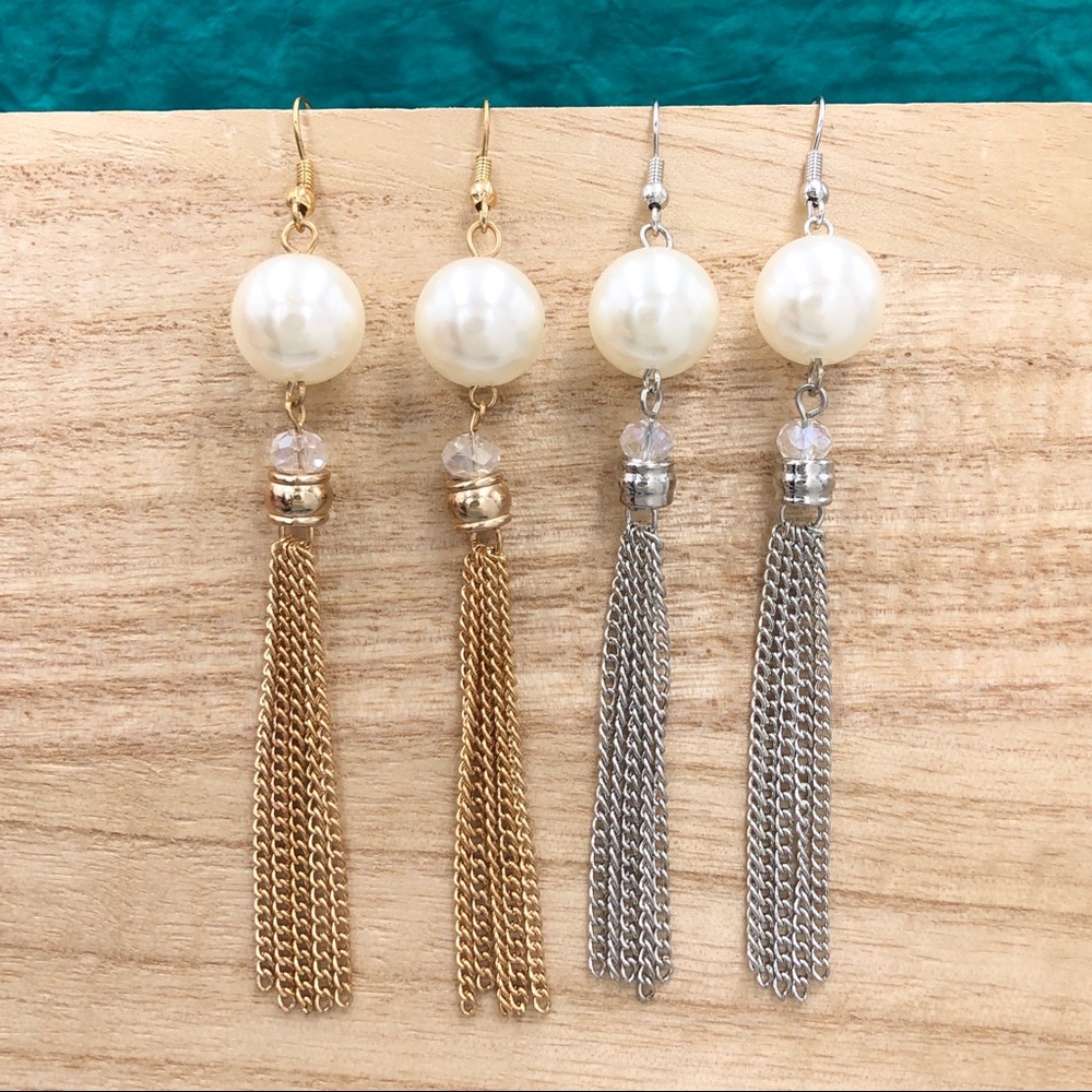 🌼 Long Chain Tassel Pearl Dangle Earrings